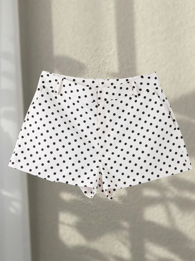 Polka Dot Print Shorts Loose High Neck Long Sleeves Zipper Drawstring Sets Female Autumn Chic Set 251029