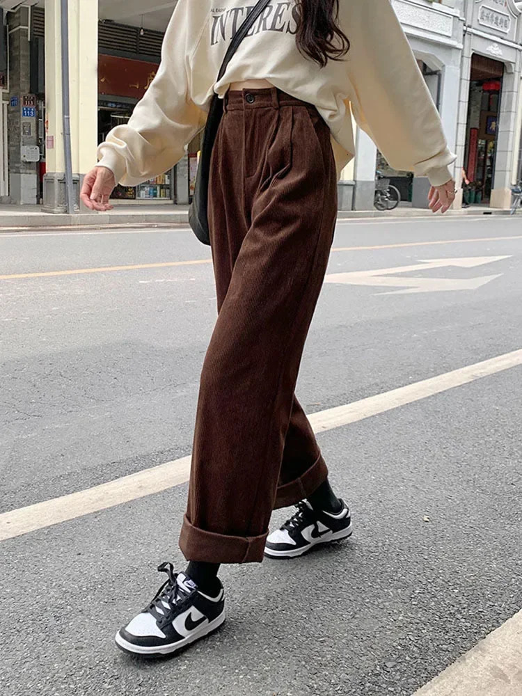 Fashion Corduroy Pants Women Retro High Waist Loose Coffee Trousers Fall Winter Vintage Black Wide Leg Steetwear 251029