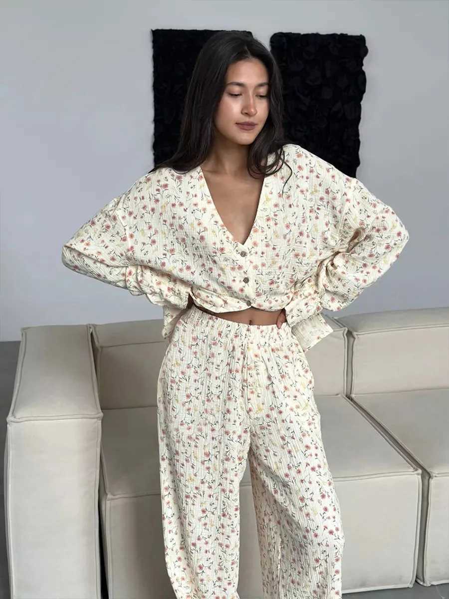 Muzuleva 100 Cotton Printed Cardigan Pajama Set Womens New Autumn Long Sleeved Pants Pajamas Loose Home Clothing 2piece SetT251029