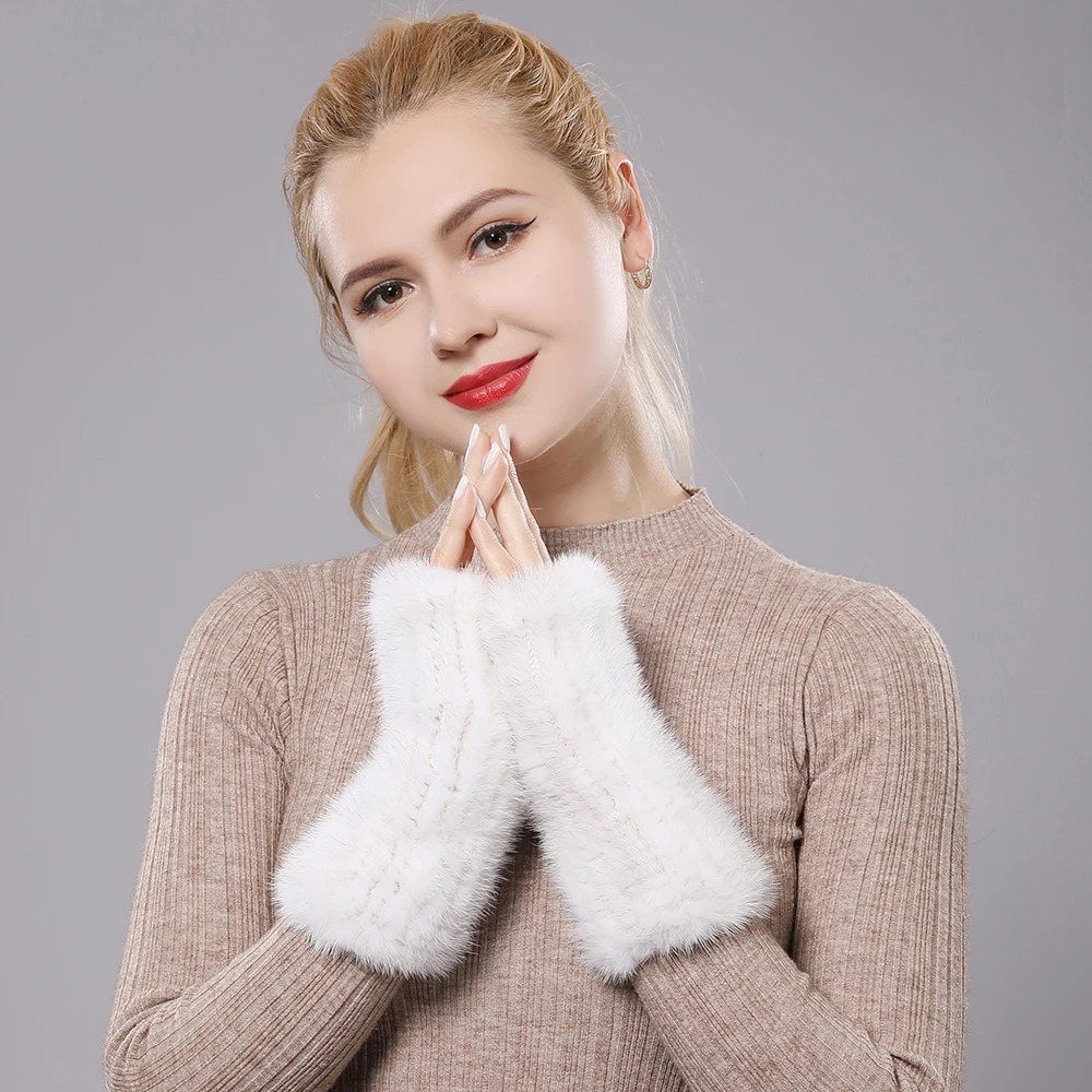 Women 100 Real Genuine Knitted Mink Fur Mittens Winter Warm Lady Real Fur Fingerless Gloves Handmade Knit Mink Fur Mitten 251029