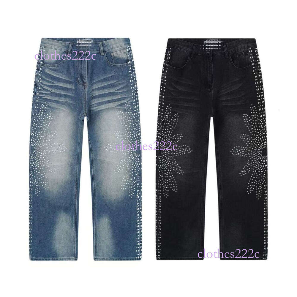 Trendy Vintage Full Rhinestone Ripped Jeans Street Style Hip Hop Long Pants Unisex
