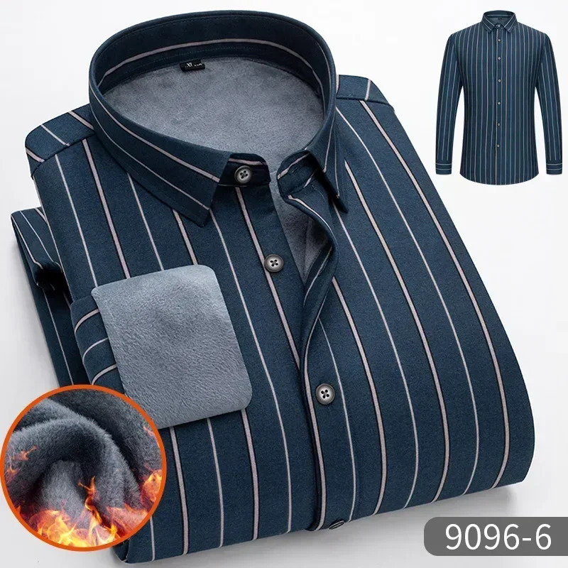 Mens Striped Long Sleeve Warm Shirts Singlebreasted Turndown Collar Business Shirt Fleece Lined Tops for Men 251029