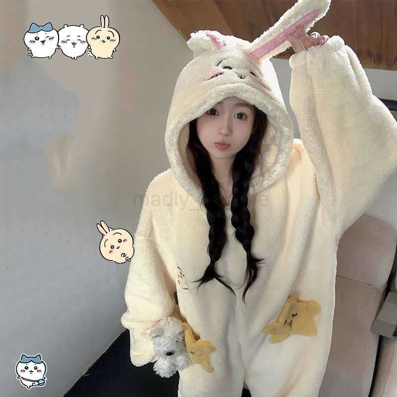 Chiikawa Usagi Onesie Winter Pajama Y2K Cute Cartoon Animal Peripheral Soft Jumpsuit Velvet Pajama Night Robe Boy Girl Suit Gift M251029