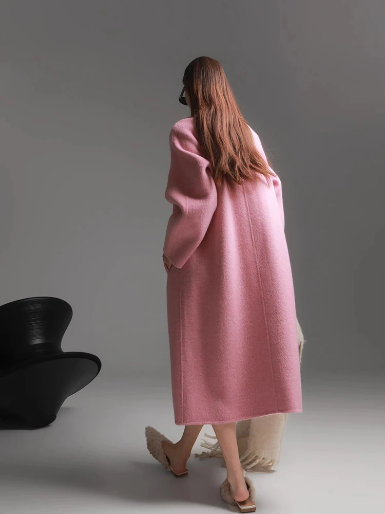 Womens Stand Collar Double Breasted Wool Coat Long Jacket Elegant Fashion Autumn Winter 251029