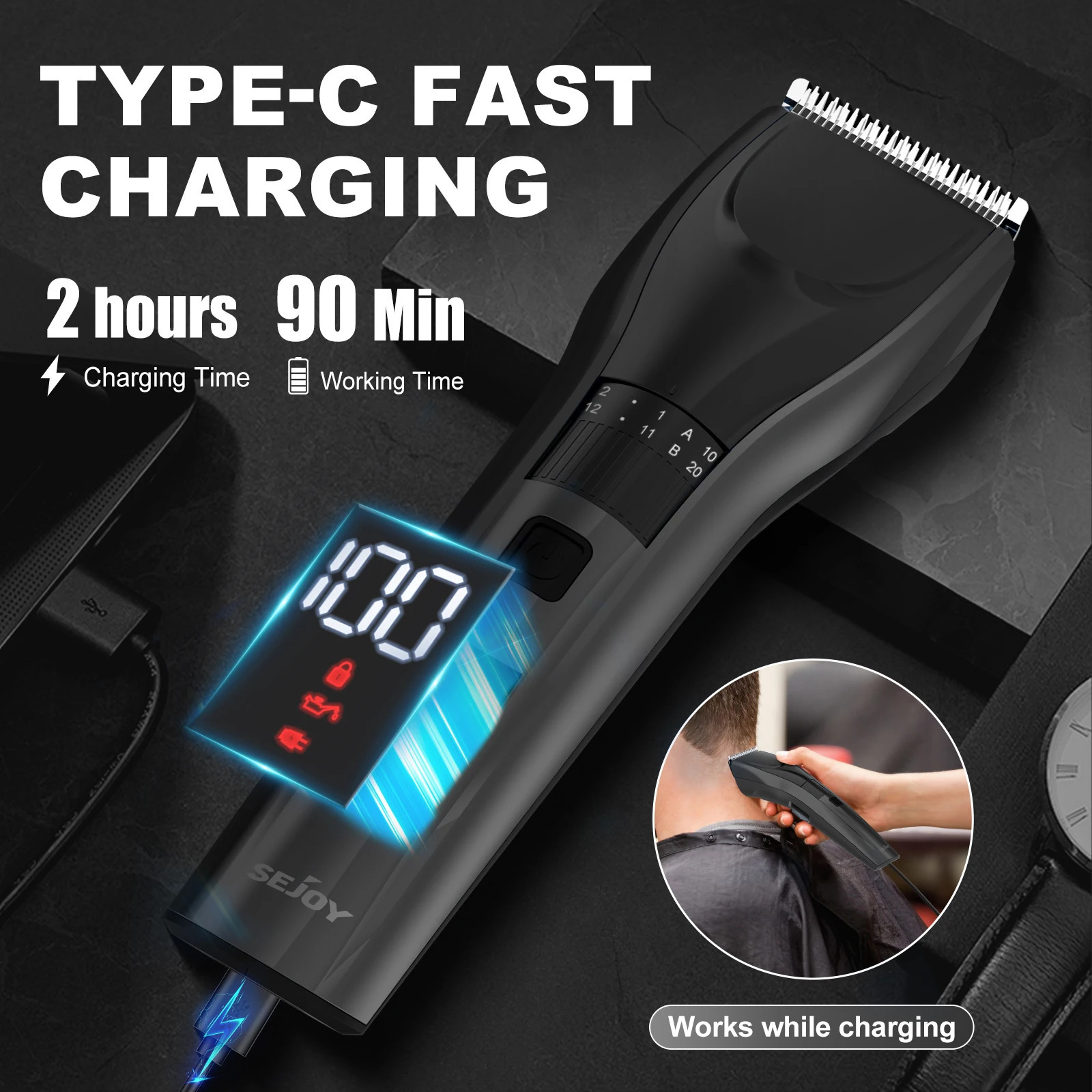 Sejoy Electric Hair Clipper For Men 20 Gears Adjustable Hair Cut Machine Hair Trimmer Professional Rechargeable Hair Cut Barber 251029