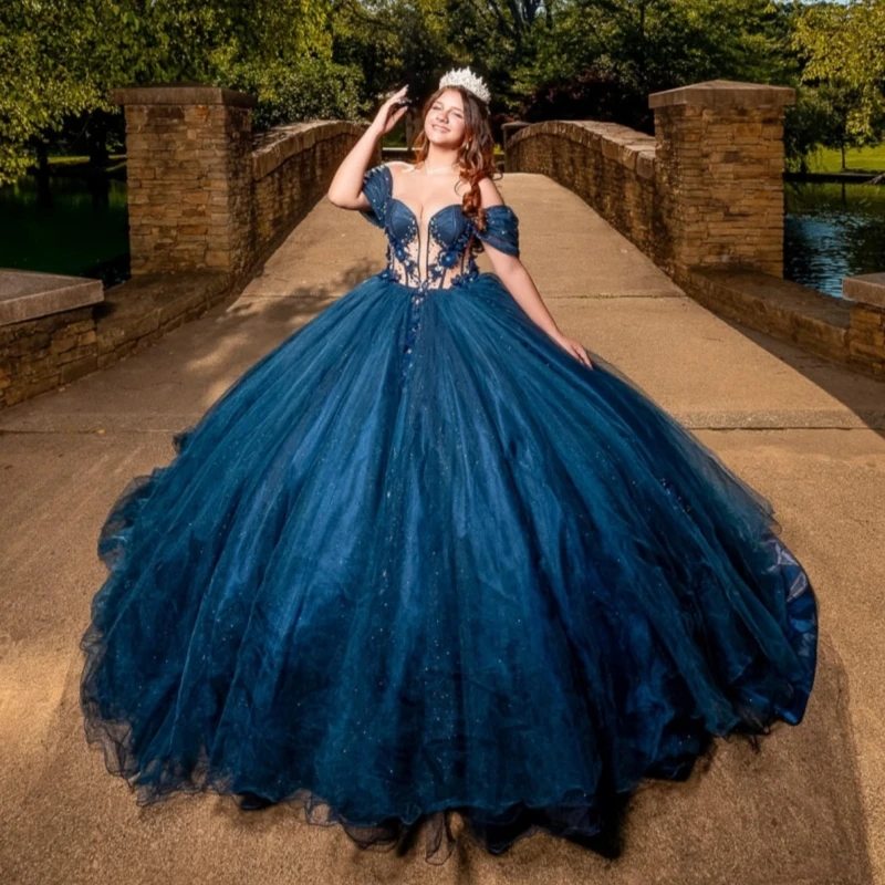 Navy Blue Shiny Princess Off the Shoulder Sweet 16 Dress Quinceanera Dresses Applique Flower Beading Tull Party Birthday Vestidos 15 Anos