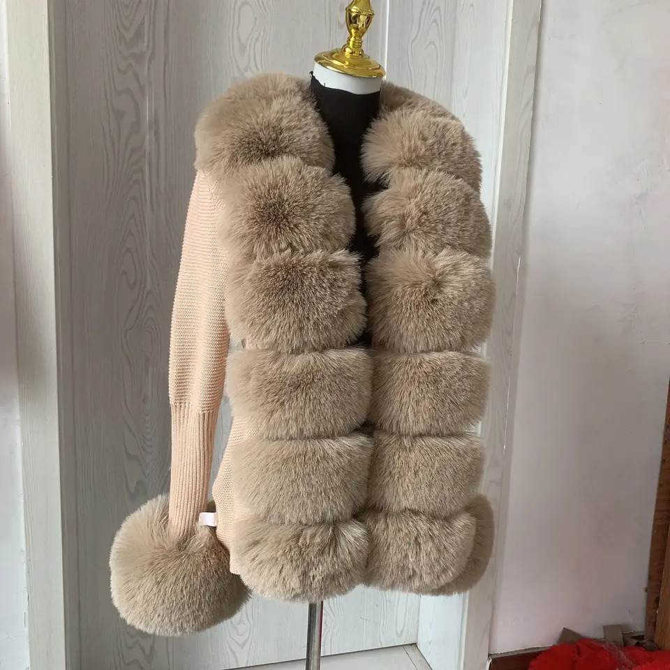 Women Faux Fur Knit Sweater cardigan Spring Autumn elegant Knitted sweater with faux fox fur collar Ladies Fashion Coat coat 251028