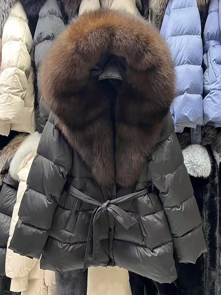2025 Natural Thick Warm 90 White Goose Down Coat Long Winter Jacket Women Real Big Fox Fur Collar Belt Loose Puffer Parka 251029