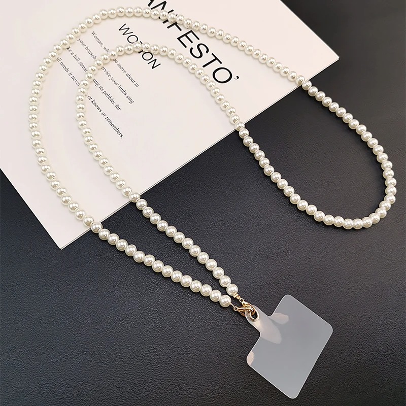 Phone Lanyard Long Crossbody Necklace Chain Hand-beaded Plastic Pearl Strap Anti-lost Sling Universal Clip Bag for Phone Case