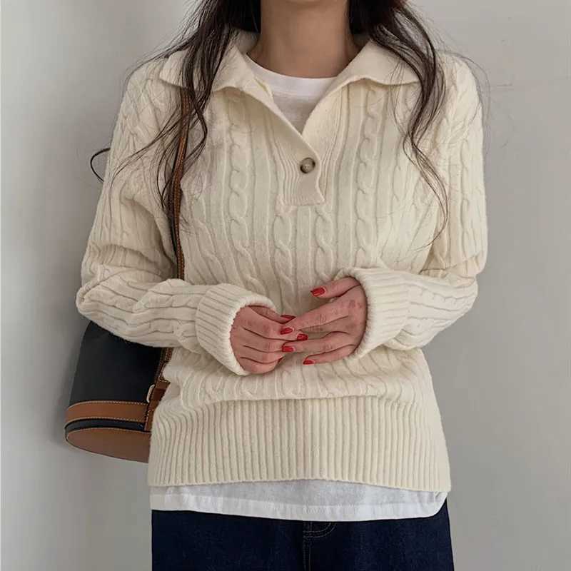 Korean Turndown Collar Solid Womens Sweater Sweet Fried Dough Twists Sweater Casual Versatile Simple Knitting Pullover Tops J251029