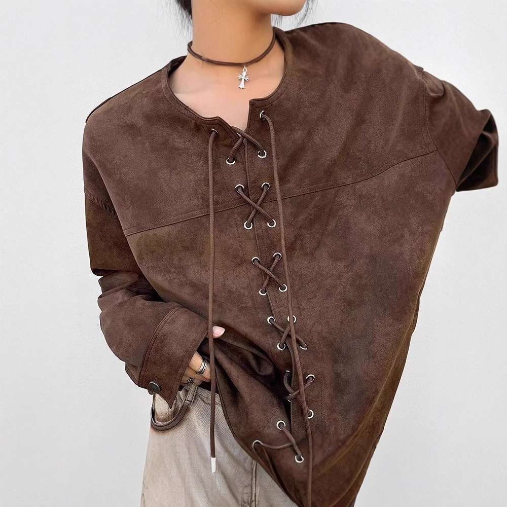 Niche Drawstring Double-breasted Leather Jacket For Men Designer Jacket Spring And Autumn American Street Style Loose Casual Brown Motorcycle Jacket