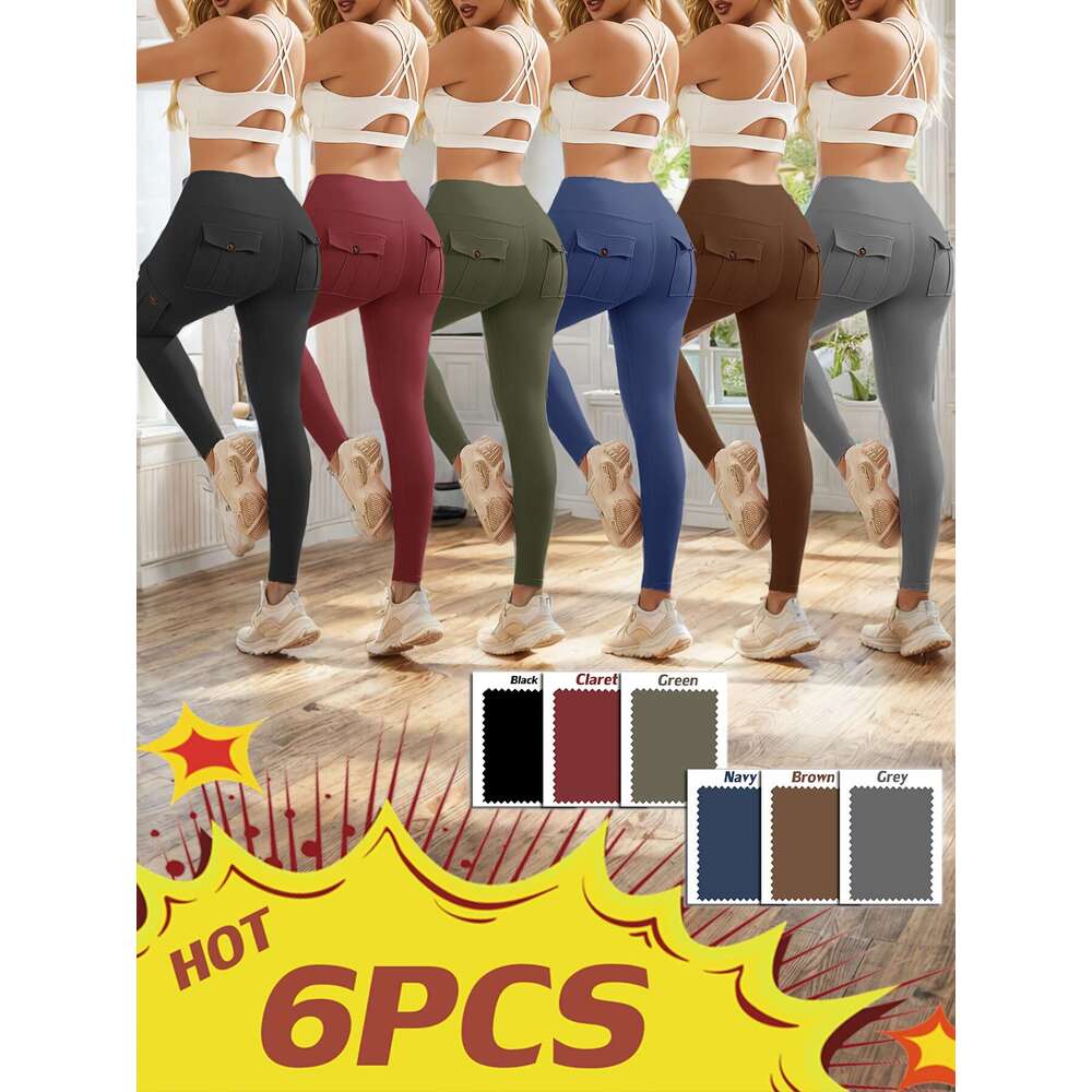 High Waist Yoga with Button Pockets, Multipack Butt Lifting Tummy Control Workout Running 4 Way Stretch Cargo Sports Pants, 6pcs Leggings Set