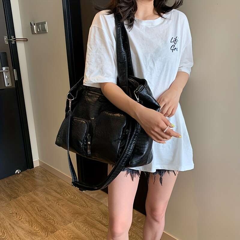 Black Crocodile Pattern For Women Capacity Multi Shoulder, Stylish Versatile For, Work, Shopping, Travel, And Everyday Use, Travel Modern