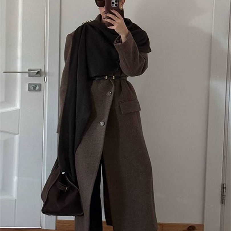 Brown Shoulder Pad Wool Women Overcoat Fashion Lapel Singlebreasted Long Sleeve Coat Autumn Lady Elegant Outwear 251021