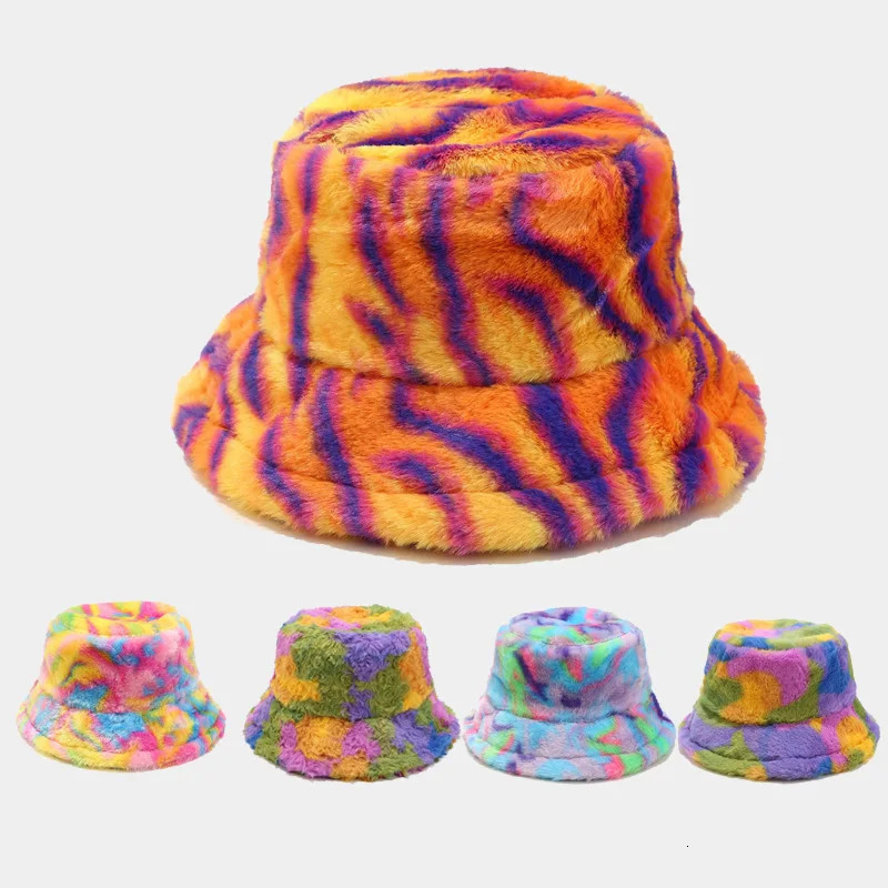 Winter Zebra Pattern Faux Fur Fluffy Bucket Hat Outdoor Women Keep Warm Panama Cap Men Thickened Windproof Fisherman Caps 251013