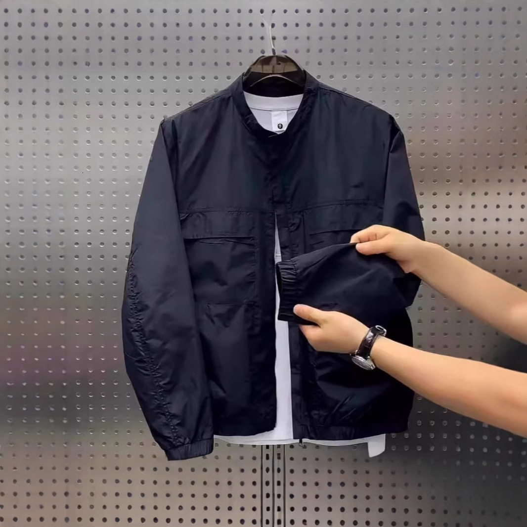 Minimalist Henry Collar Workwear Jacket Spring Top Versatile Designer Jacket Casual Baseball Collar Versatile Short Slit Jacket