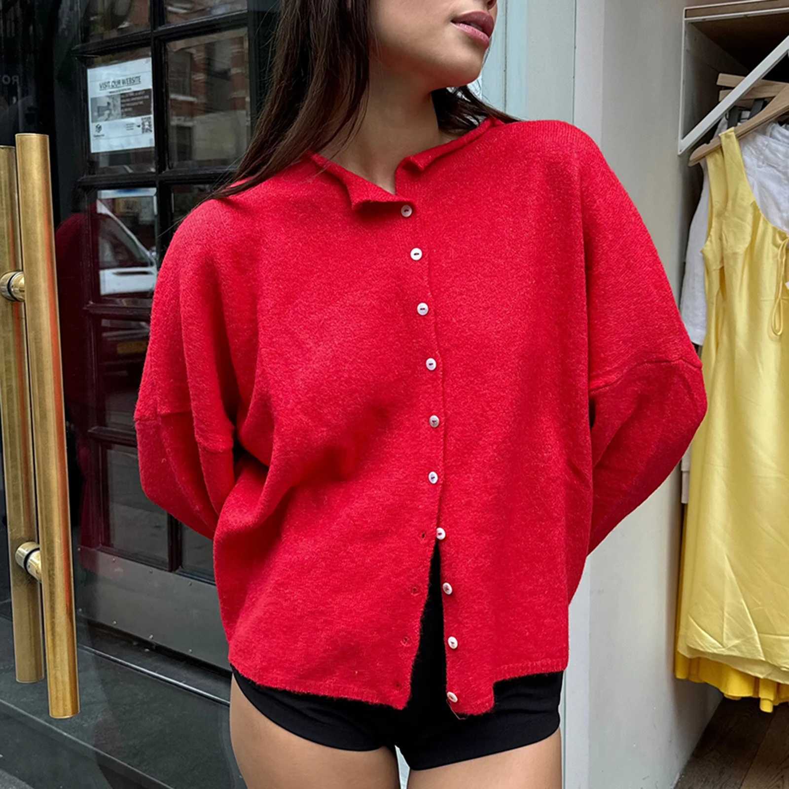 Combhasaki Womens Y2K Chic Solid Color Knitwear Cardigan Fuzzy Long Sleeve Buttondown Front Closure Loose Fit Basic SweatersT251028