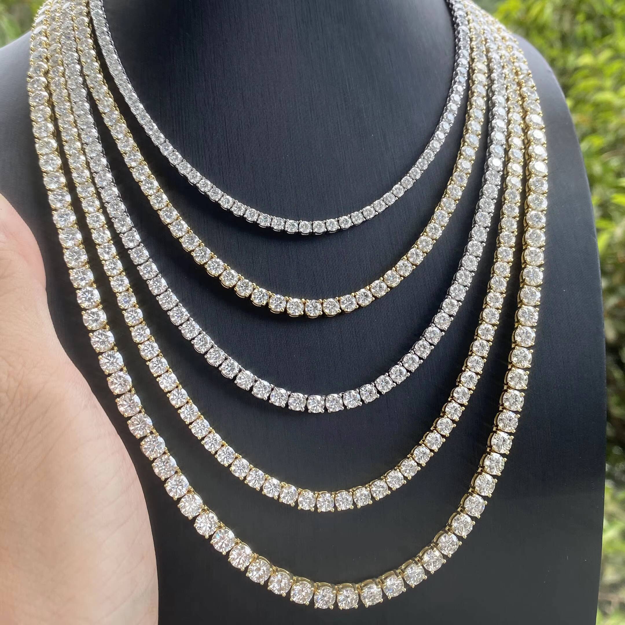 Wholesale D VVS Round 3MM 4MM 5MM 6MM Men Plated White Gold Moissanite Tennis Chain S925 Sterling Silver