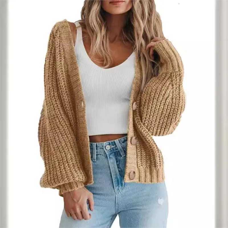 Button Up Cardigan Loose Knit Jacket Autumn Winter Womens Casual Solid Color Lantern Sleeve Long Sleeved Sweater Pulls FemmesT251028