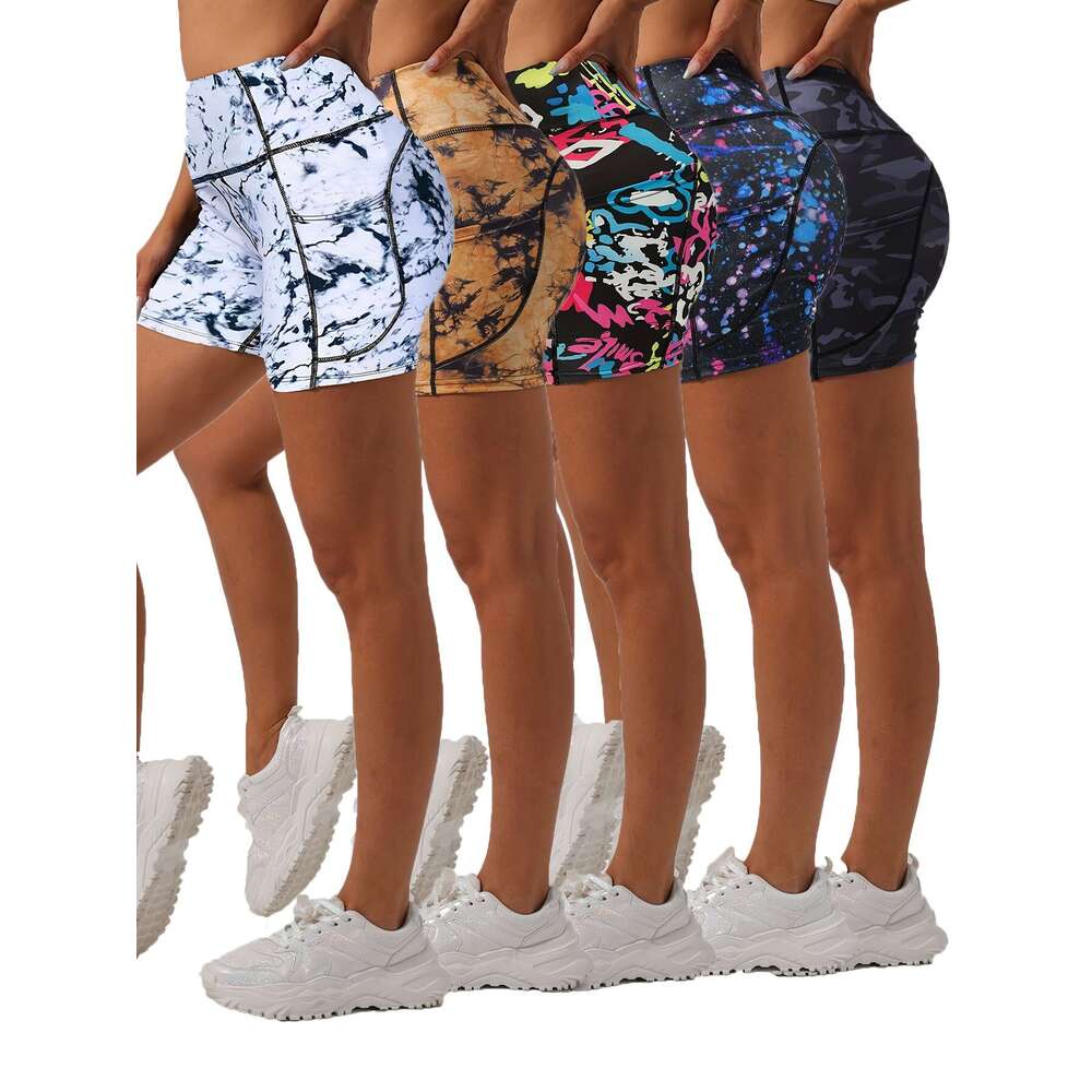 Yoga Shorts Women Summer - 5pcs High-Waisted, Stretchy Polyester, Floral Print, Side Pockets, Comfortable for Indoor Training & Outdoor Running, Worko