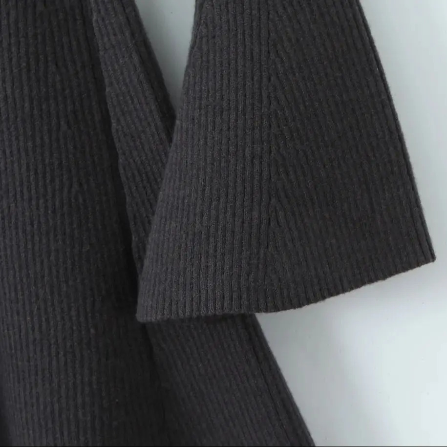 2025 Sexy High Collar Rib Line Knitted Long Flare Sleeve Sweater Dress Women Slim Waist Swing Short Dresses Knitwear Robe Brown 251029