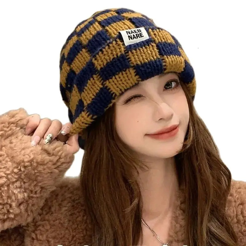 y Chessboard Plaid Knitted Hat Women Winter Big Size Warm Beanies Skullies Green Red Xmas Christmas 251013
