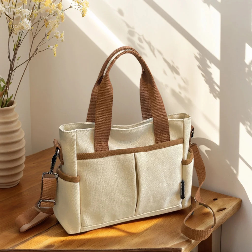 Multiple Pockets Womens Canvas Bag Tote Shoulder Bag Large Capacity Casual Handbag For Female 251029