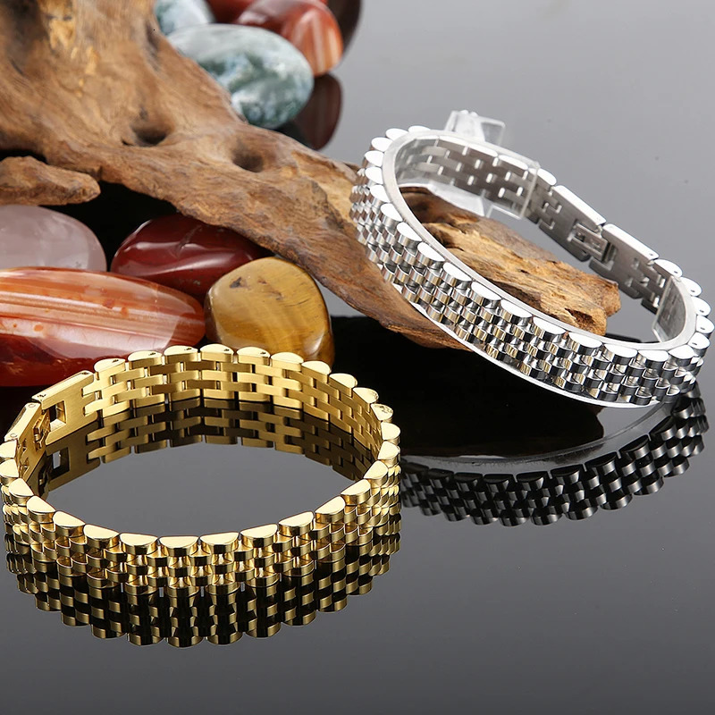1015MM Watchband Style Mens Man Bracelet For Men Women Waterproof Gold Color Stainless Steel Mannen Armband Hand Wrist Jewelry 251028