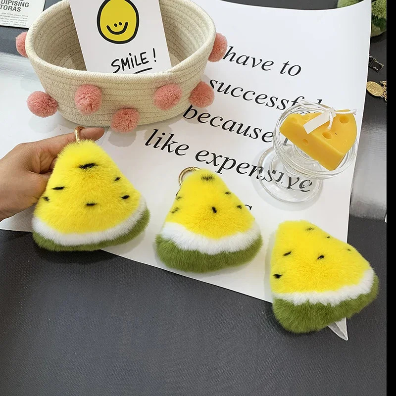 Cute Fluffy Rex Rabbit Fur Keychain Fruit Watermelon Toy Real Fur Ball Pendant Metal Car Key Ring Bag Charm Women Trinket 251029