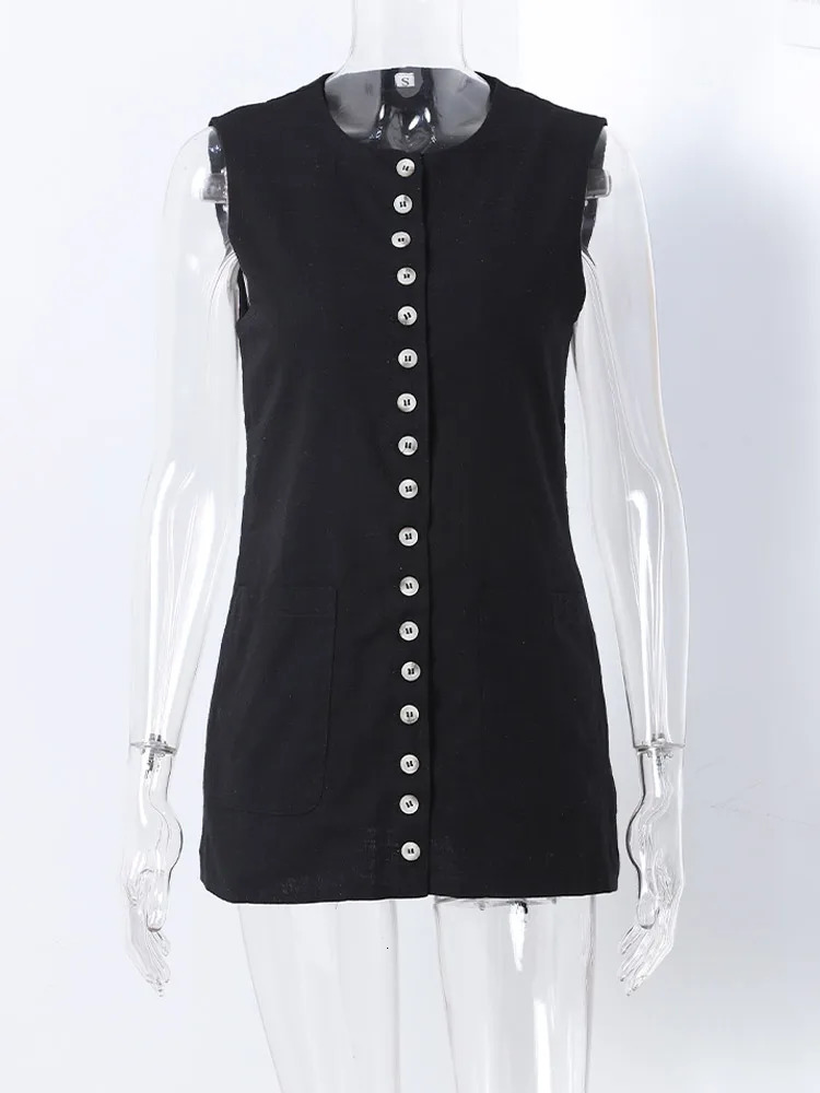Elegant Single Breasted Long Vest Women Summer Oneck Sleeveless Slim Back Lace Up Tank Tops Fashion Lady Office Waistcoat 251029