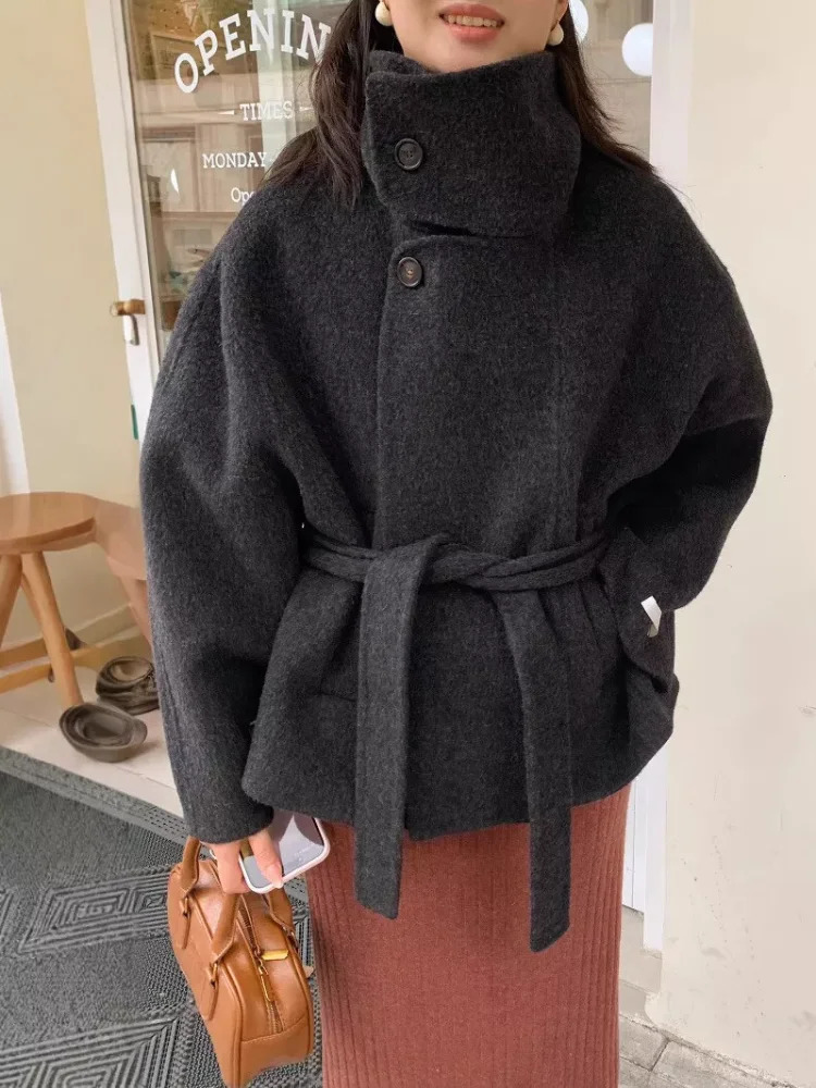 Urban Woolen Belt Women Coat Casual Long Sleeve Button Patchwork Female Jacket Autumn Winter Fashion Lady Streetwear 251028