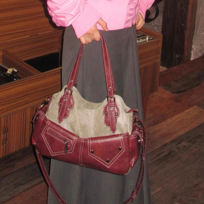 Moto Biker Bags For Women Handbags Purses Canvas With PU Rivet Top Handle Y2K Small Underarm Shoulder 251029