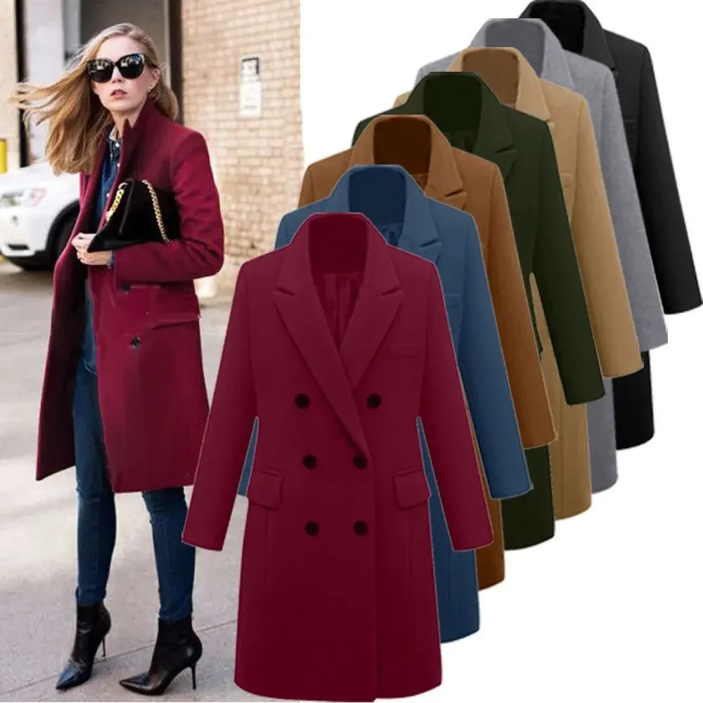 MidLength Woolen Womens Coat DoubleBreasted Woolen Coats Trench Solid Color Autumn Winter Warm Outwear 251029