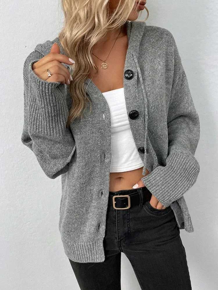 Women Knit Hooded Sweater Coat Single Breasted Thick Cardigan Solid Casual Splice Jumpers Full Sleeve Regular Winter 2024T251028
