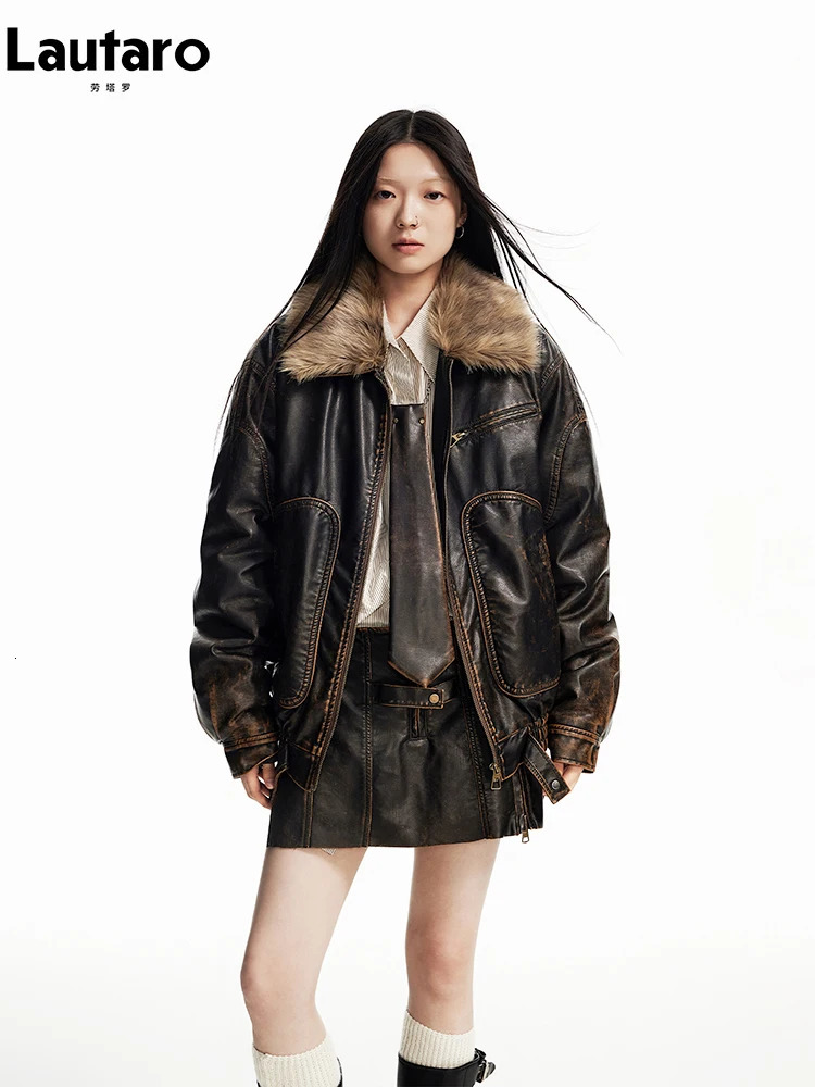 Lautaro Spring Autumn Cool Handsome Vintage Distressed Brown Pu Leather Jacket Women Faux Fur Collar Clothing 251029