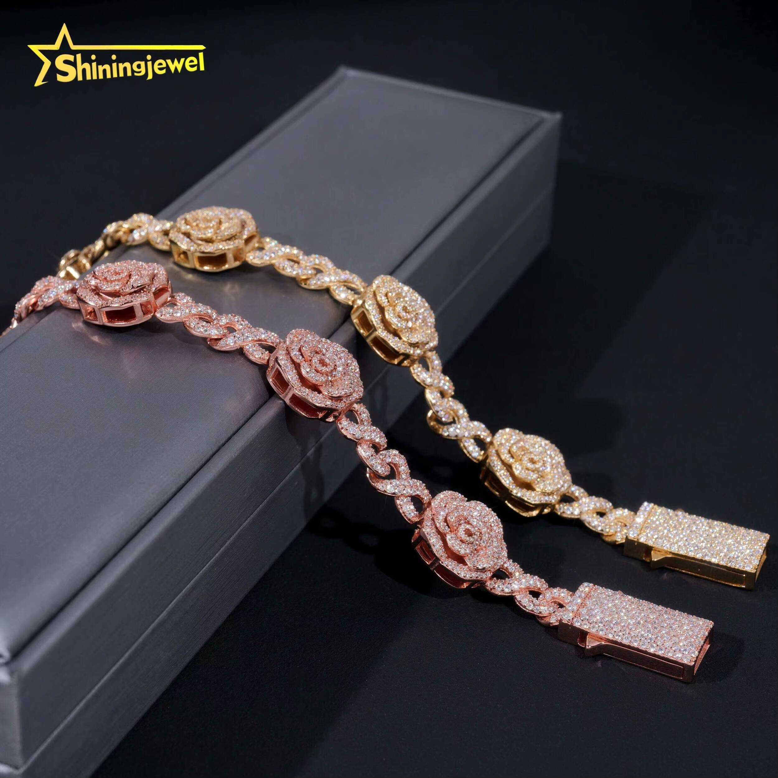 Hip Hop Jewelry Iced Out Infinity 925 Sterling Silver GRA Certificate 3D Rose Flower Moissanite Bracelet