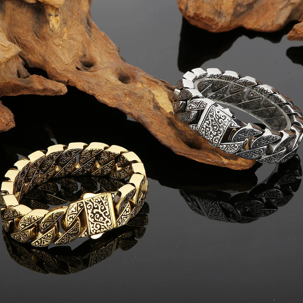 Stainless Steel 17MM Wide Chain Man Bracelet Homme Gold Color Metal Strap Mens Bracelets For Man Products 79 Wholesale 251028