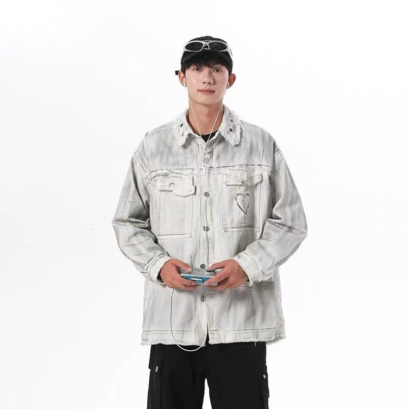 Washed Designer Jacket Vintage Tie-dye Frayed Denim Jacket For Men And Women Loose Design Niche Style Spring And Autumn Season