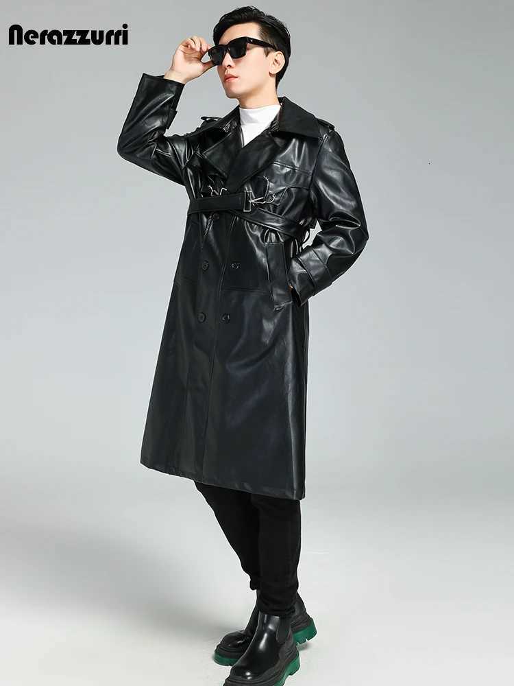 Nerazzurri Autumn Oversized Cool Brown Long Pu Leather Trench Coat Men Double Breasted Luxury Designer Punk Syle Clothes 2023T251029