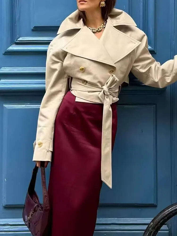 HH 2025 Spring Retro Vneck Double Breasted Womens Pocket Top Loose Jacket Womens Street Casual Laceup Short Trench Coat 251013