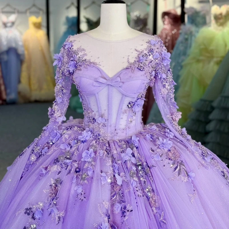 Light Lilac Shiny Princess Off the Shoulder Sweet 16 Dress Quinceanera Dresses Applique Flower Beads Tull Party Birthday Vestido