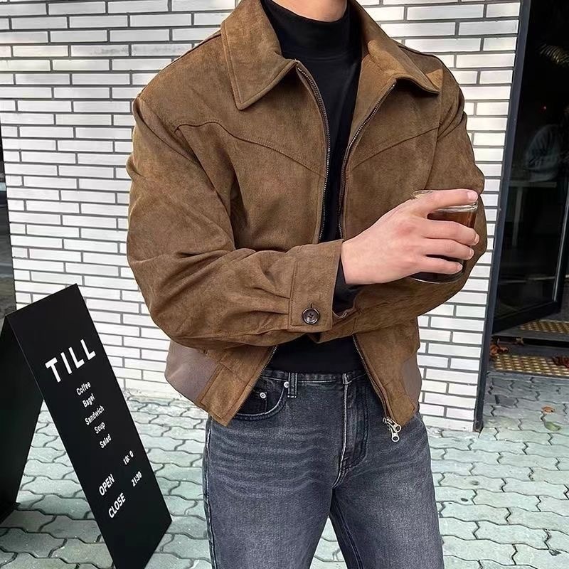 Autumn Winter Korean Men's Short Loose Turn-down Collar Zipper Suede Flight Designer Jacket Jacket Coat Trendy