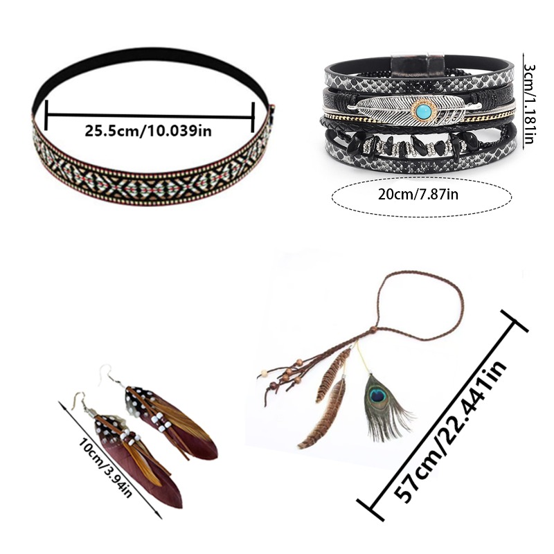 4 perfect Indian sets: headwear, tassel earrings and beaded necklaces, bracelets for stage performances and festival gifts