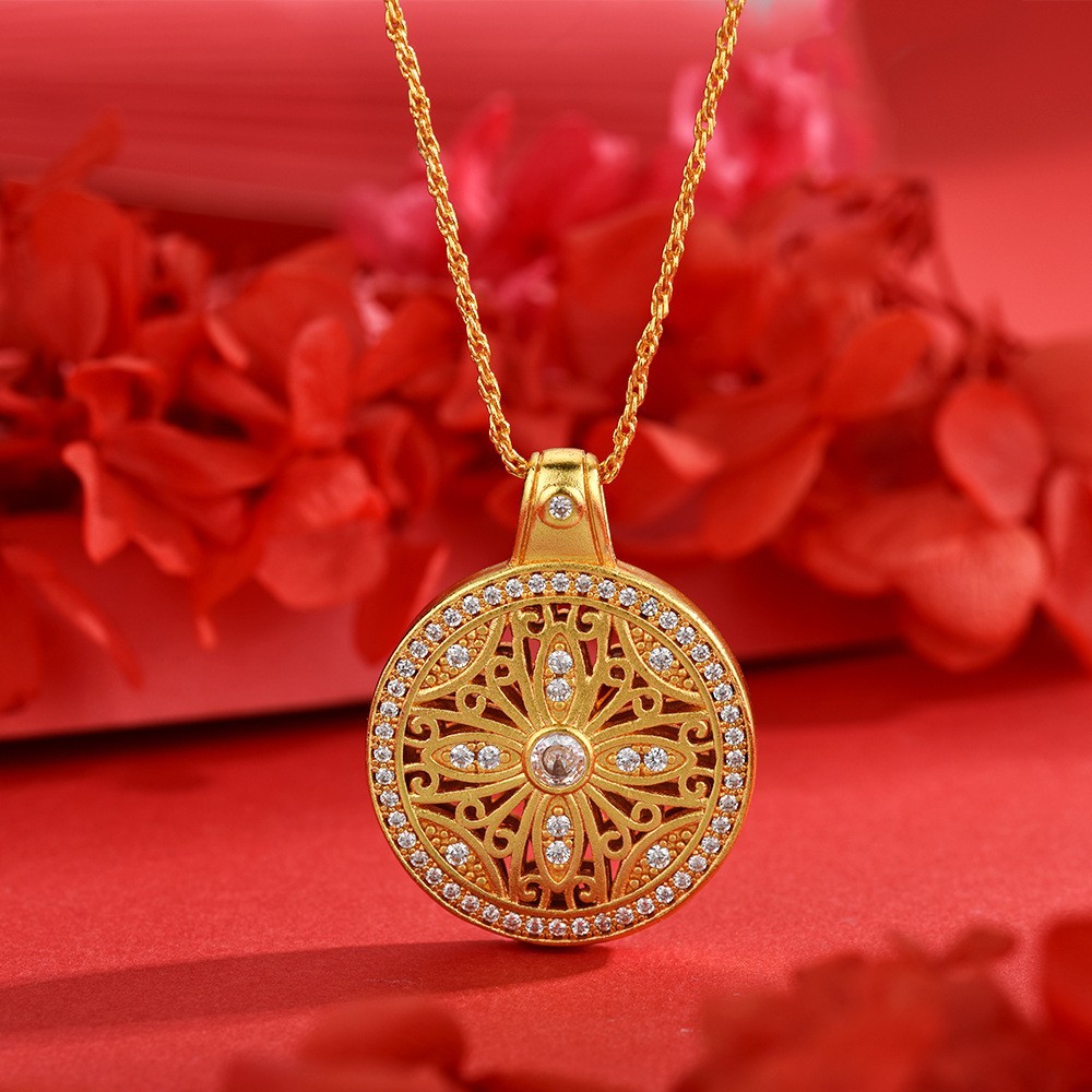 TaiYang New Gold Plated Copper Ancient Gold Sunflower Necklace, Double-Sided Full Pave Compass Pendant with Vintage Finish for Women
