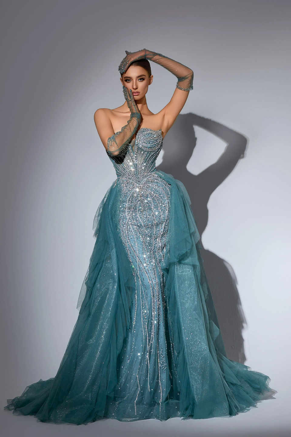 Luxury Mermaid Evening Dress Sleeveless for Women Detachable Skirt Beaded Crystal Formal Prom Wedding Party Gown Customized