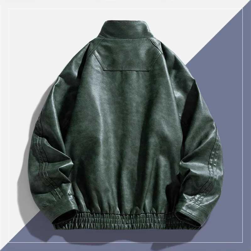 Autumn Man Leather Jacket Streetwear Motorcycle Punk Male Outerwear Stand Collar Long Sleeve Zipper Oversize Men Bomber CoatT251029