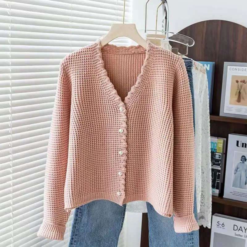 Highend Waffle Knitted Cardigan Womens Spring and Autumn Vneck Wear Versatile Sweater Fashion Top 251029