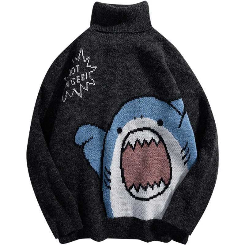 Shark Sweater Men Winter Cartoon Harajuku Korean Y2k Oversized Turtleneck Hip Hop Loose Knit Jumper Pullover High Collar Sweater J251029
