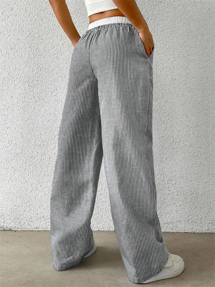 Casual Striped Woven Wide Leg Pants for Women Autumn Winter Casual Stylish Full Length Trousers Y2K Clothes Streetwear 251029