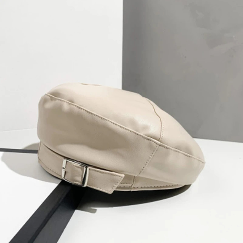 Fashion Girl Leather Beret Beanie Hat Cap Women Plain Beret Hats Solid Color Elegant Lady Artist Caps Belt Beanies 251029